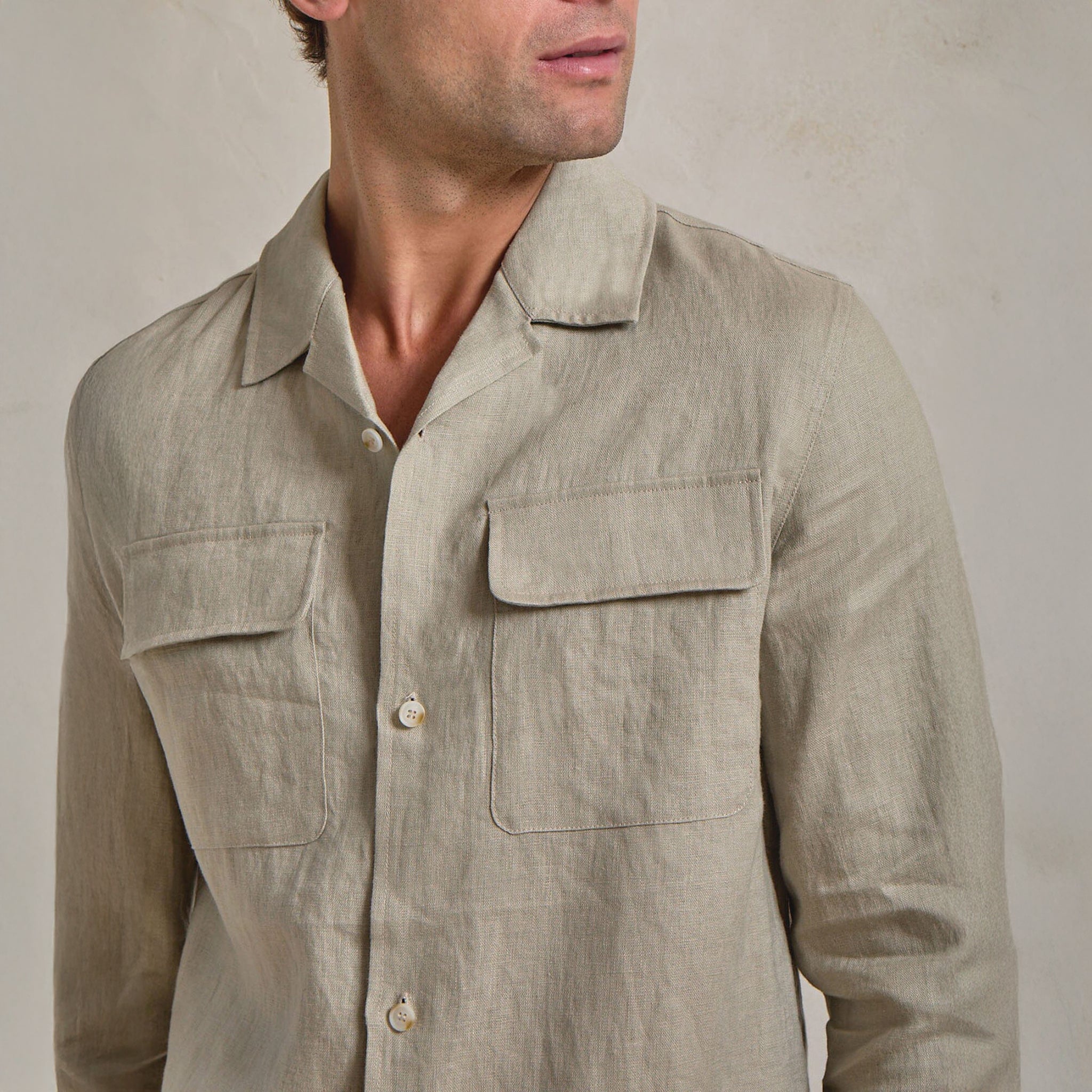 Detailed Front View of Belier Premium Oatmeal Linen Pocket Shirt